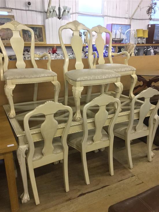 Harrods white painted glass topped table and 6 chairs